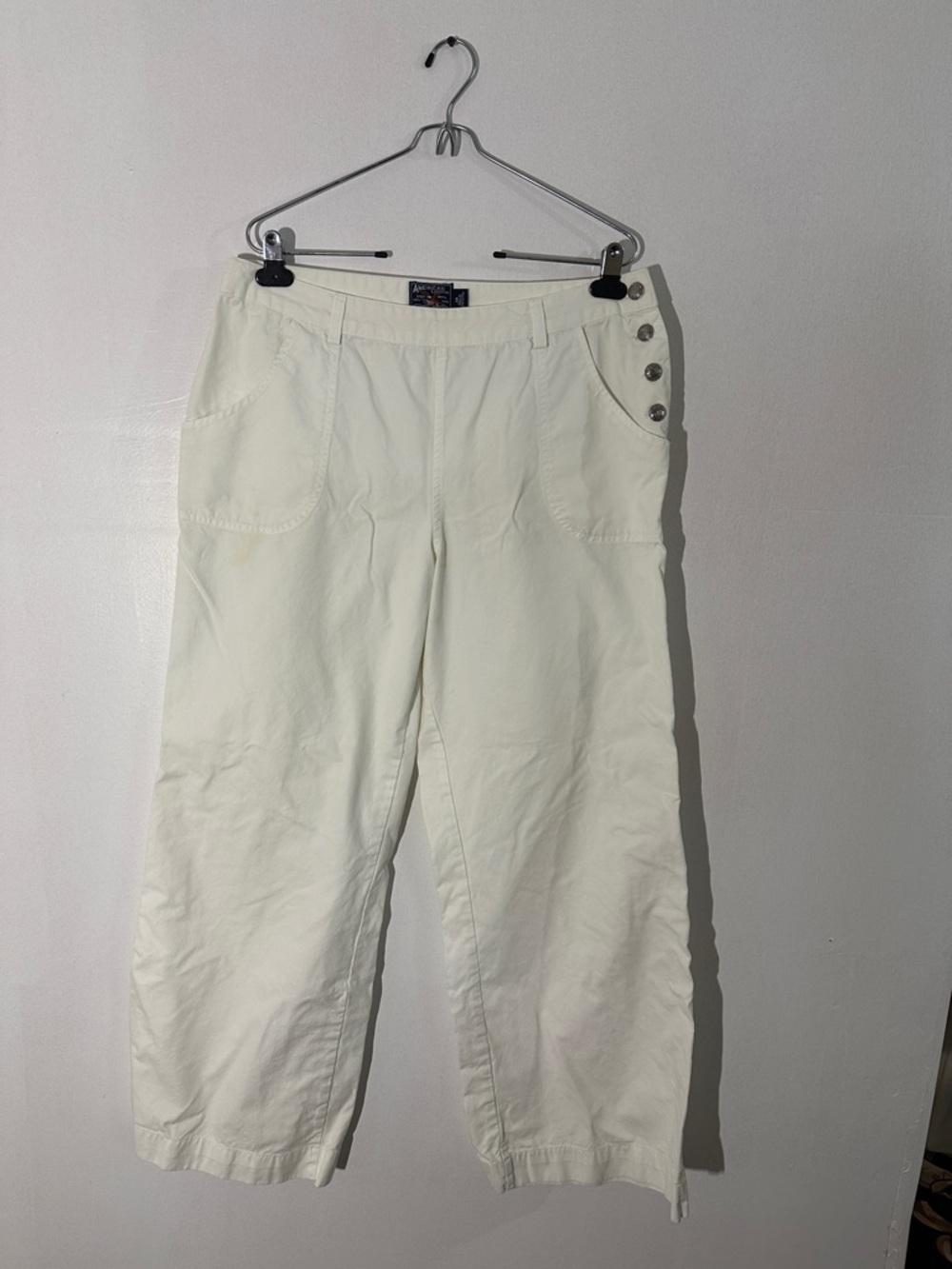 American Living Wide-Leg White Cotton Blend Pants with Side Buttons